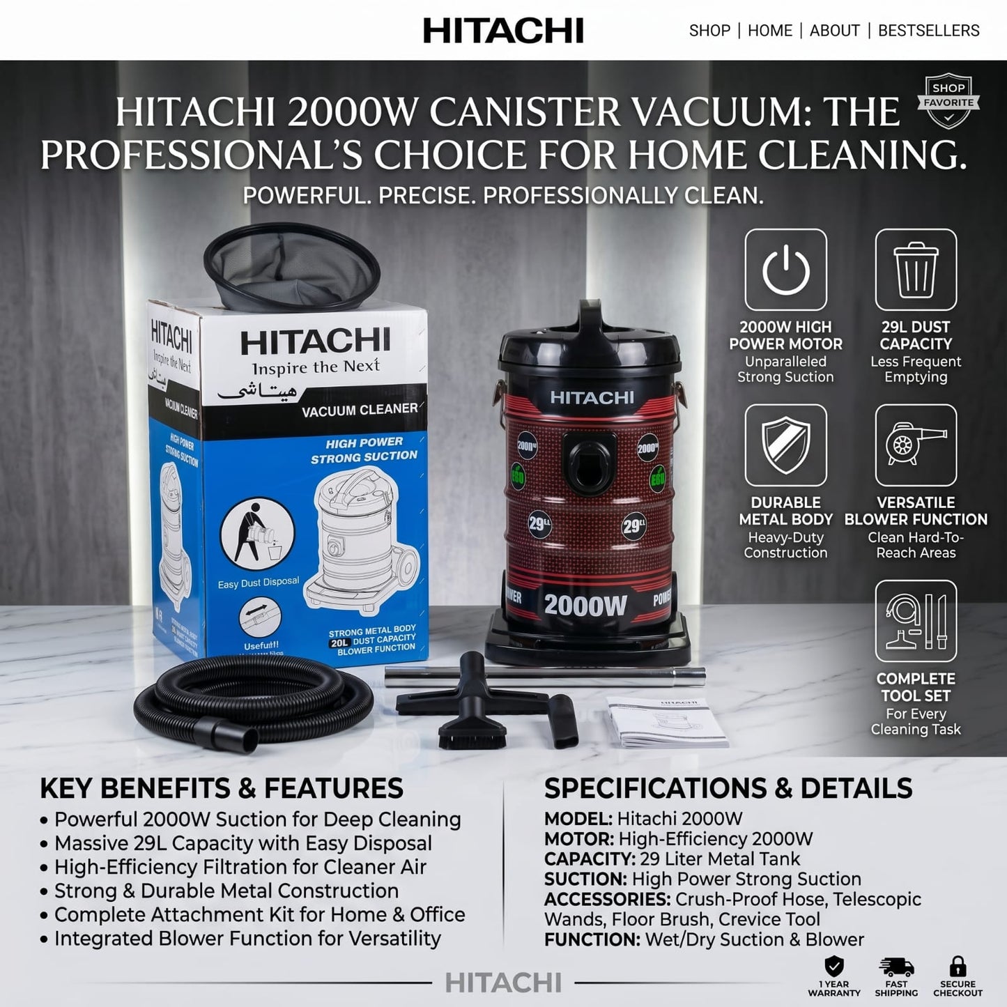 Hitachi 2000W Heavy Duty Drum Vacuum Cleaner & Blower | 29L Large Capacity