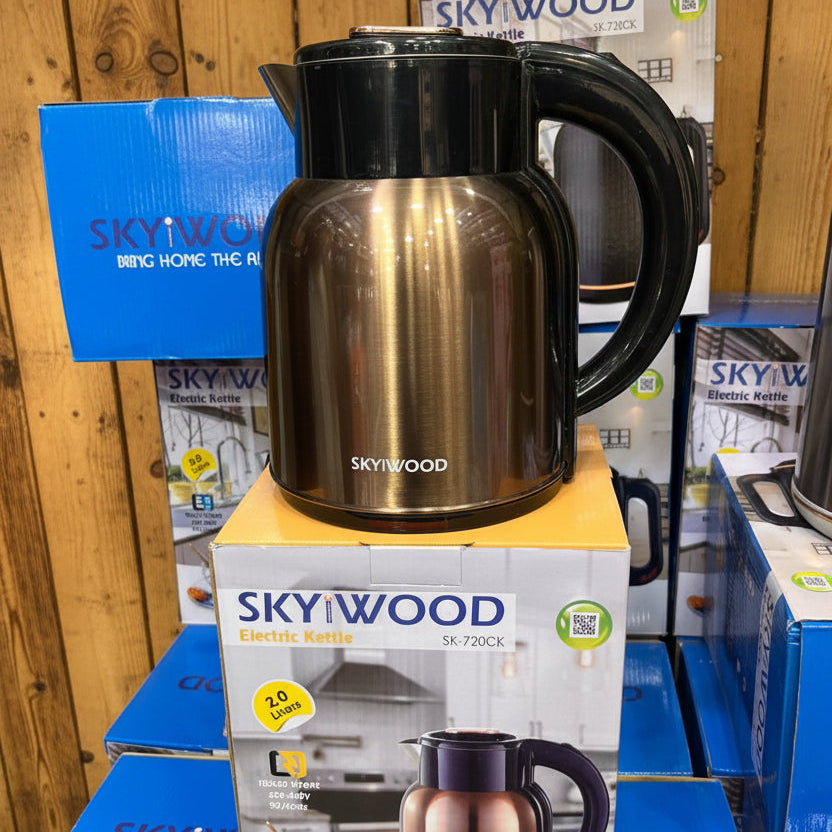 Skywood 2.0L Stainless Steel electric kettle  with a black plastic handle and base.