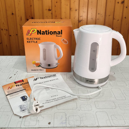 National Power 1500Watt electric kettle with a white plastic body and a 1.7L capacity.