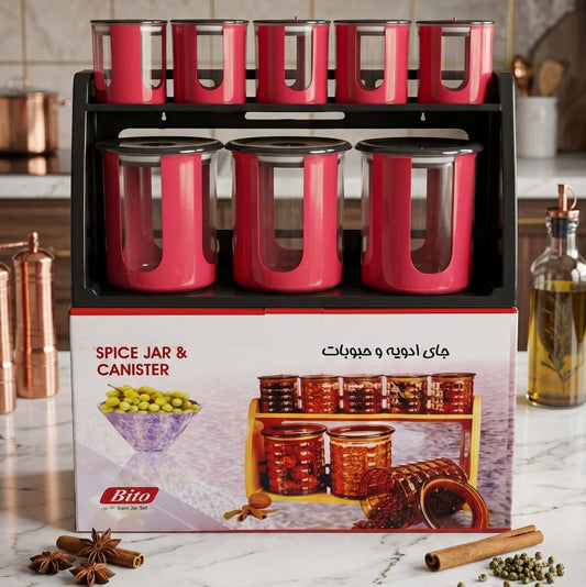 BITO 9 pcs Multipurpose Spices Masala Box Seasoning Rack Organizer Set with Stand and Spoon for Kitchen