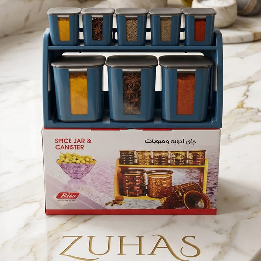 BITO 9 pcs Multipurpose Spices Masala Box Seasoning Rack Organizer Set with Stand and Spoonfor Kitchen
