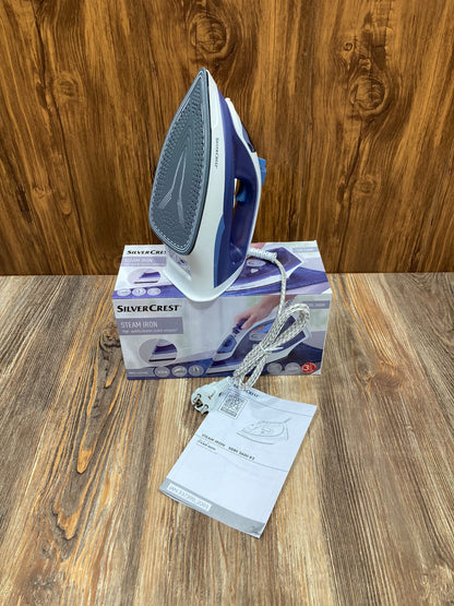 SilverCrest steam iron, or similar, featuring a blue and white design with a ceramic soleplate.
