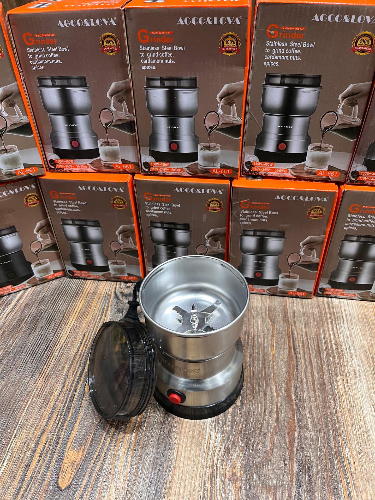 AGCO&LOVA electric coffee and spice grinder with a stainless steel bowl.