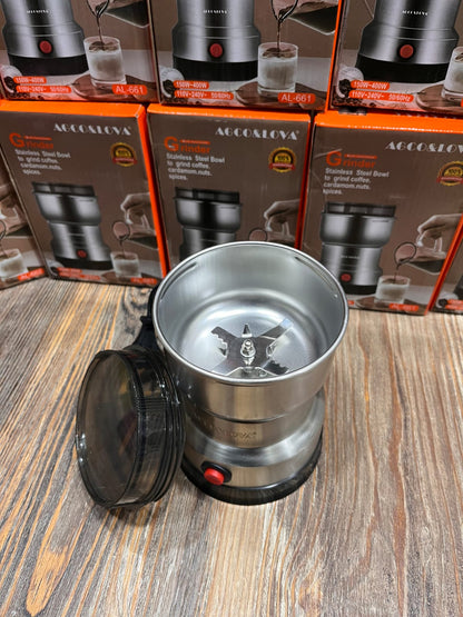 AGCO&LOVA electric coffee and spice grinder with a stainless steel bowl.