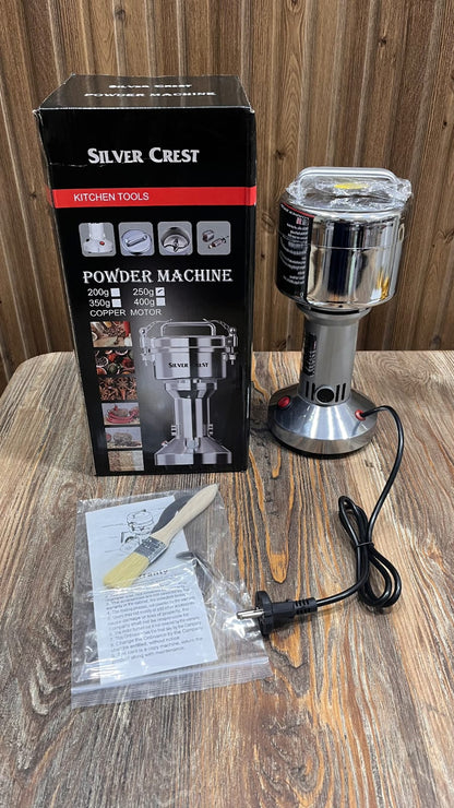 Silver Crest 250g electric powder grinder with a stainless steel body