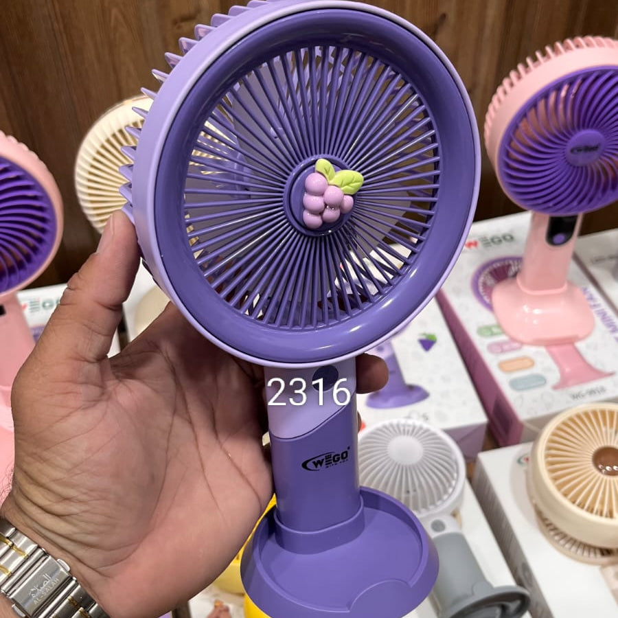Purple Wego portable handheld fan rechargeable fan features 3-speed settings