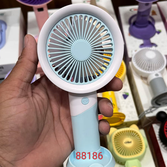 Rechargeable, portable handheld and desktop mini fan with a blue and white design