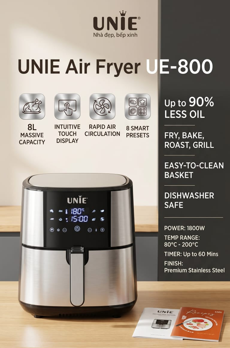 UNIE 8L digital air fryer featuring a  stainless steel and a touch control panel