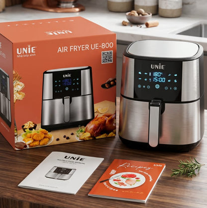 UNIE 8L digital air fryer featuring a  stainless steel and a touch control panel