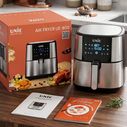 UNIE 8L digital air fryer featuring a  stainless steel and a touch control panel