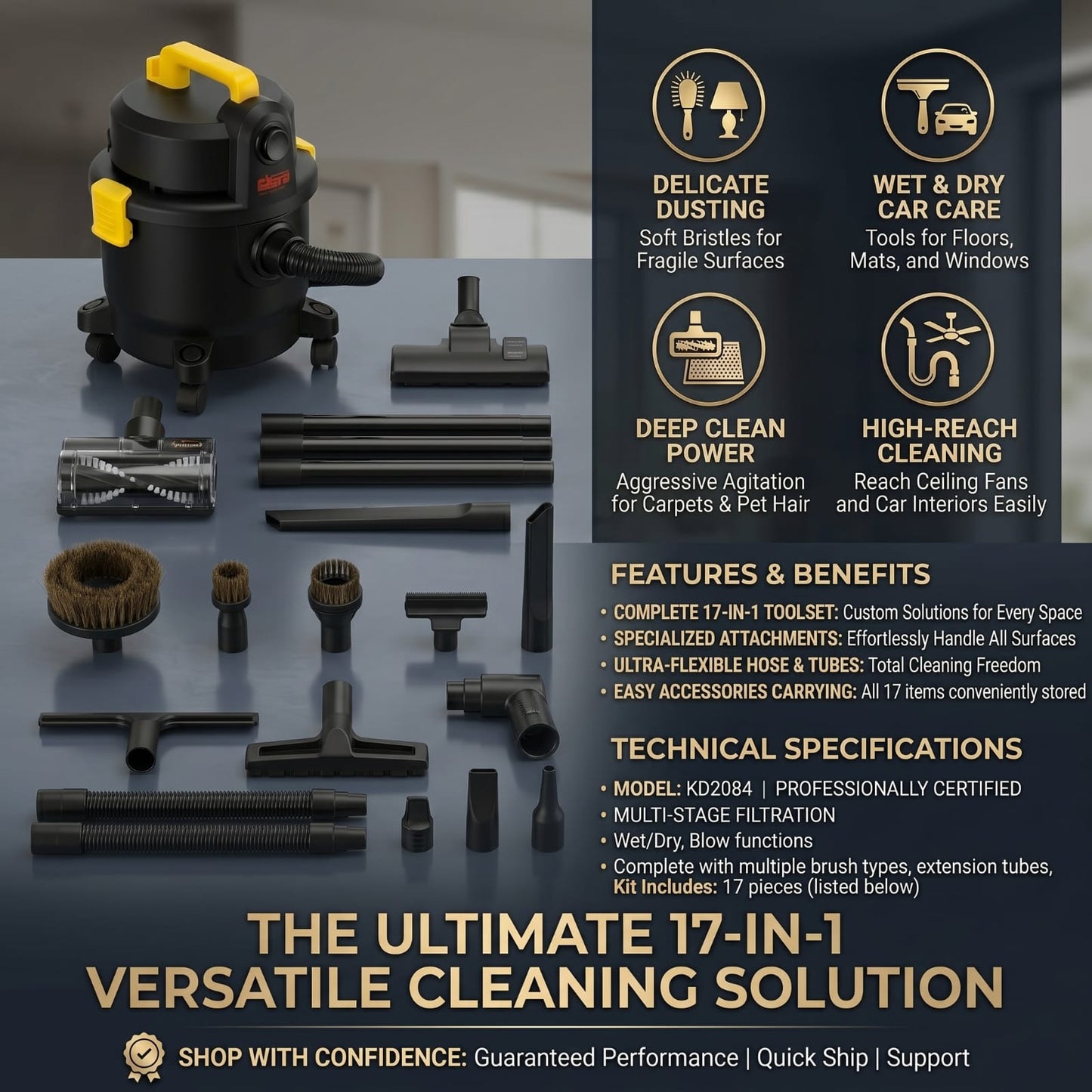 DSP KD2084 is a 17-in-1 wet/dry vacuum cleaner featuring a 1000W motor and a 33000 RPM rotating speed