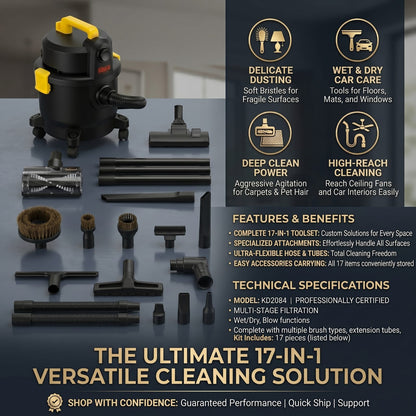 DSP KD2084 is a 17-in-1 wet/dry vacuum cleaner featuring a 1000W motor and a 33000 RPM rotating speed
