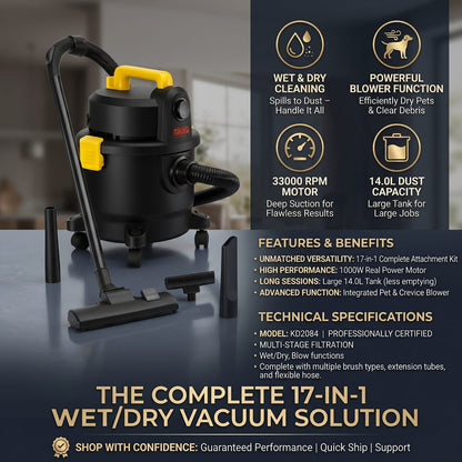 DSP KD2084 is a 17-in-1 wet/dry vacuum cleaner featuring a 1000W motor and a 33000 RPM rotating speed