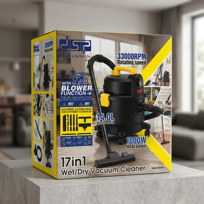 DSP KD2084 is a 17-in-1 wet/dry vacuum cleaner featuring a 1000W motor and a 33000 RPM rotating speed