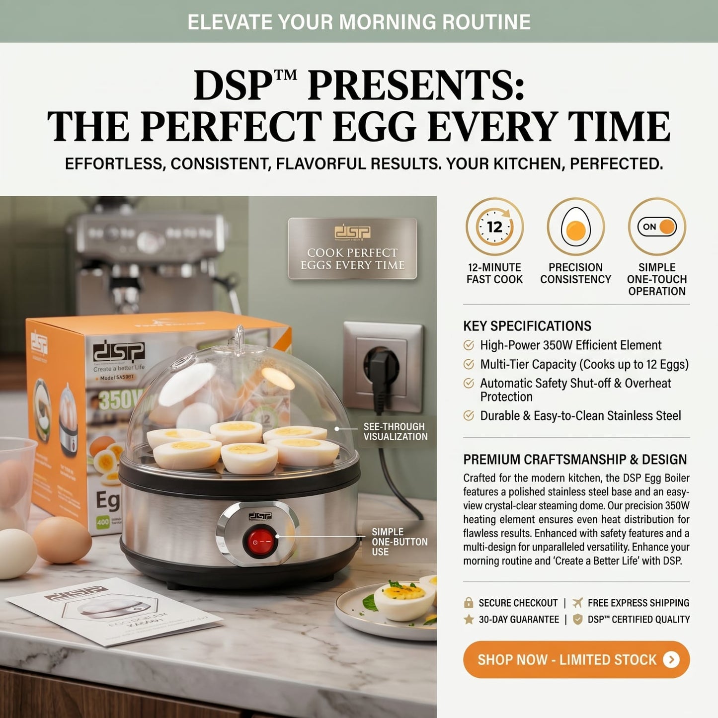DSP KA5001 Electric Egg Boiler with a 7-egg capacity and a 350W heating element