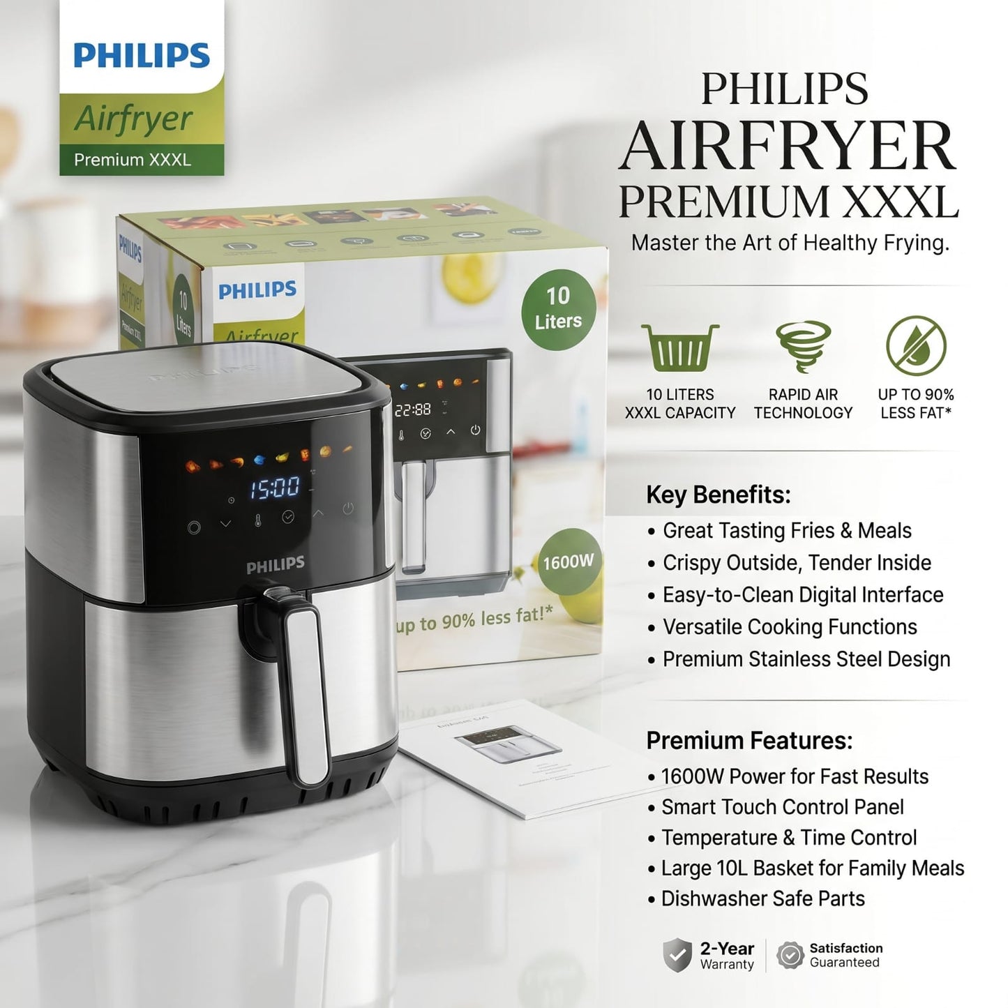 Philips Airfryer Premium XXXL – 10L Stainless Steel Digital Air Fryer