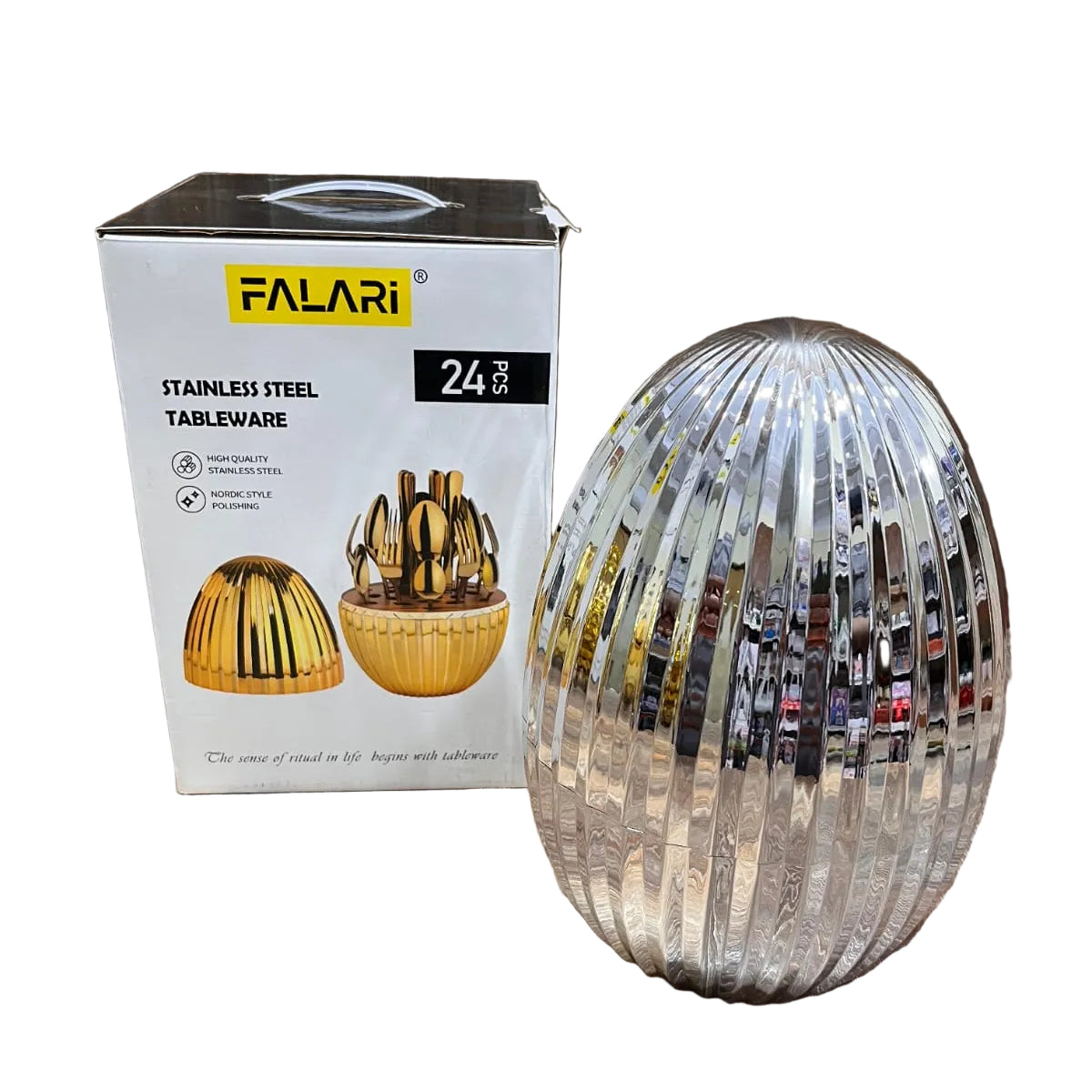 Falari 24-Piece Stainless Steel Cutlery Set with Luxury Egg-Shaped Storage Stand-Silver