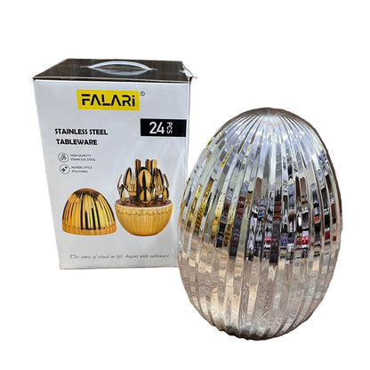 Falari 24-Piece Stainless Steel Cutlery Set with Luxury Egg-Shaped Storage Stand-Silver