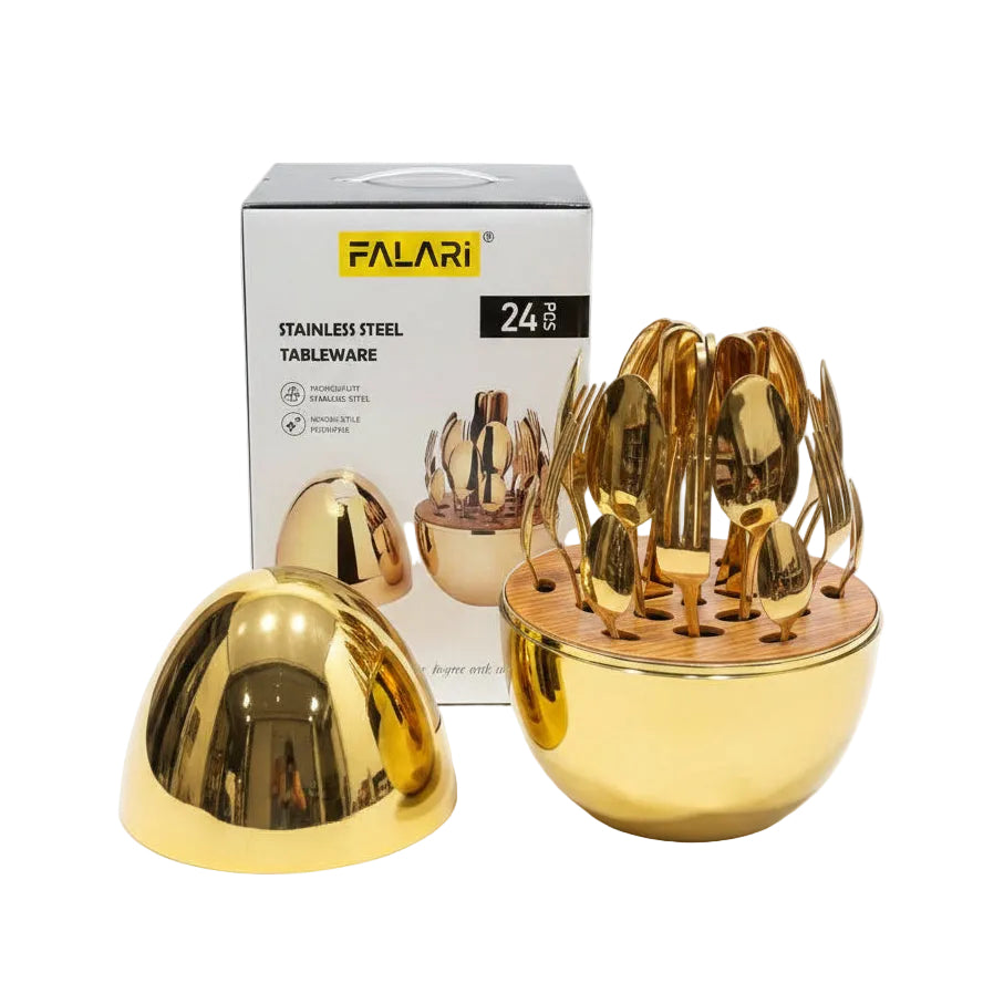 Falari 24-Piece Luxury Gold Stainless Steel Cutlery Set with Egg Storage Holder