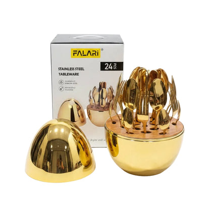 Falari 24-Piece Luxury Gold Stainless Steel Cutlery Set with Egg Storage Holder