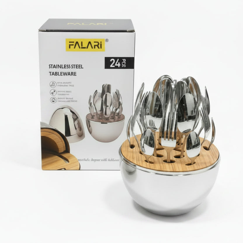 Falari 24-Piece Silver Stainless Steel Cutlery Set with Egg-Shaped Holder