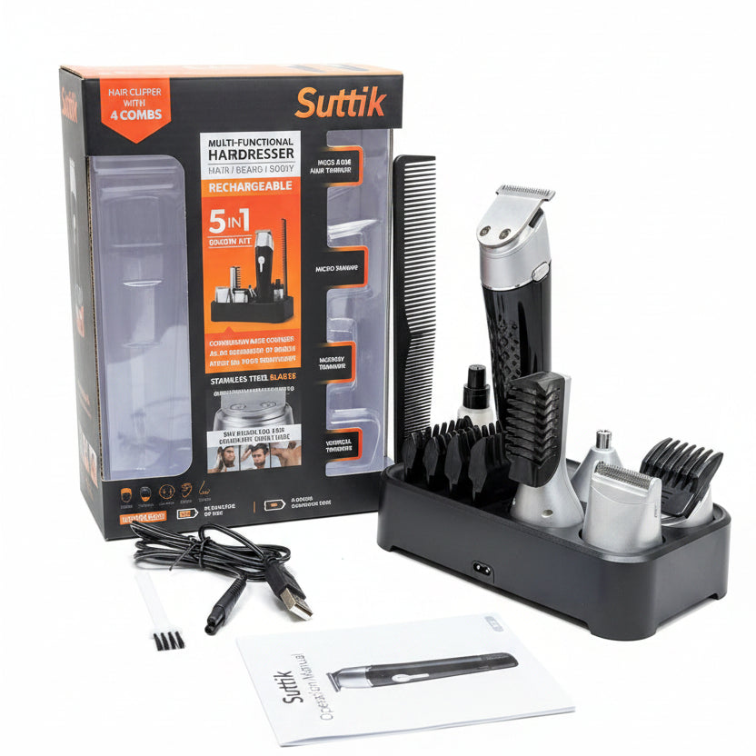 Suttik Cordless Multi-Functional Hair Trimmer – Rechargeable 5-in-1 Grooming Set with Storage Base