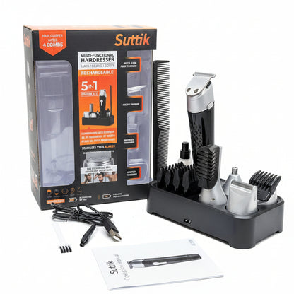 Suttik Cordless Multi-Functional Hair Trimmer – Rechargeable 5-in-1 Grooming Set with Storage Base
