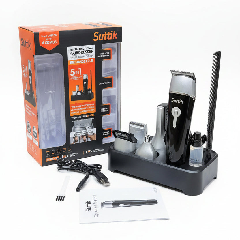 Suttik Cordless Multi-Functional Hair Trimmer – Rechargeable 5-in-1 Grooming Set with Storage Base