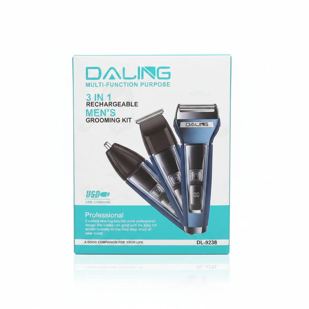 Daling 3-in-1 Rechargeable Men's Grooming Kit - Professional Electric Shaver, Hair Clipper & Nose Trimmer Set (Model DL-9238)