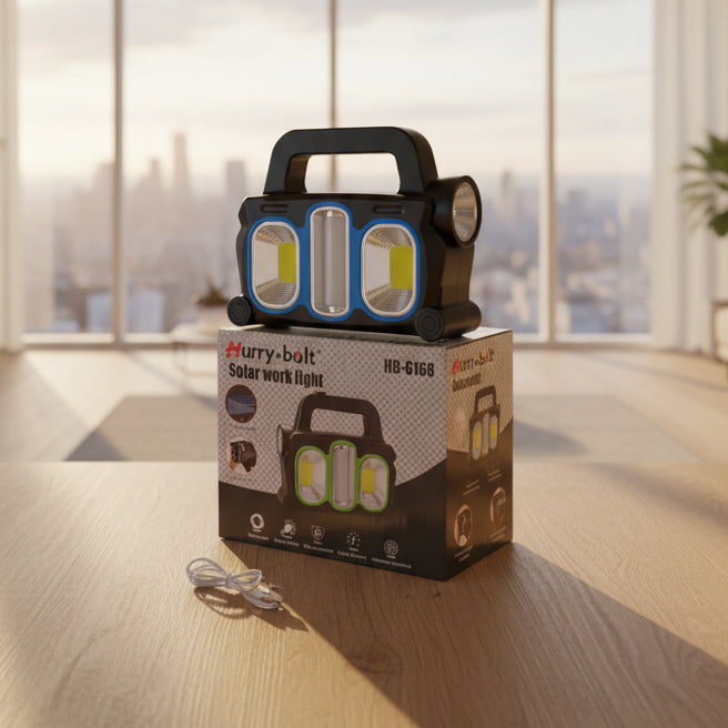 Hurry Bolt HB-6168 Solar Work Light | Rechargeable Emergency LED Lantern with Built-in Battery & USB Charging