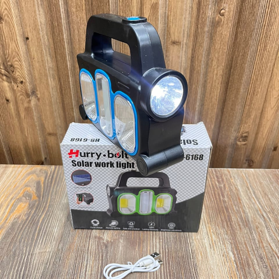 Hurry Bolt HB-6168 Solar Work Light | Rechargeable Emergency LED Lantern with Built-in Battery & USB Charging