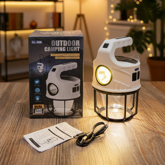 SL-008 Rechargeable LED Camping Lantern – Solar & USB Charging, Built-in Power Bank, Dual Light Source Portable Flashlight for Emergency & Outdoor Night Use