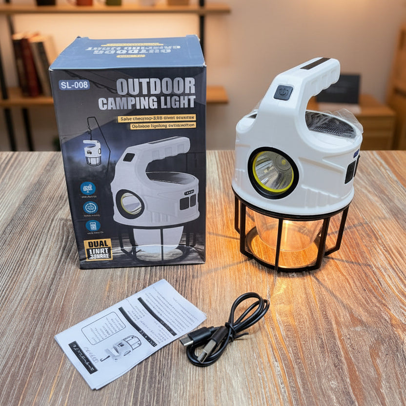 SL-008 Rechargeable LED Camping Lantern – Solar & USB Charging, Built-in Power Bank, Dual Light Source Portable Flashlight for Emergency & Outdoor Night Use