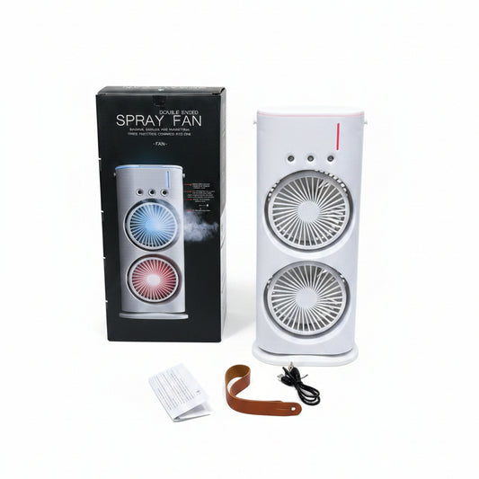 Portable Double-Ended Spray Fan – 3-in-1 Dual Blade Misting Air Cooler & Humidifier with LED Light
