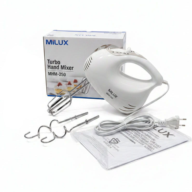 Milux MHM-250 Turbo Hand Mixer (200W) - 3-Speed Baking Mixer with Beaters & Dough Hooks