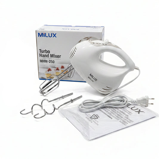 Milux MHM-250 Turbo Hand Mixer (200W) - 3-Speed Baking Mixer with Beaters & Dough Hooks