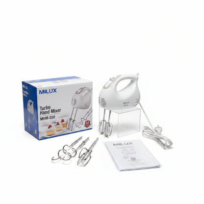 Milux MHM-250 Turbo Hand Mixer (200W) - 3-Speed Baking Mixer with Beaters & Dough Hooks