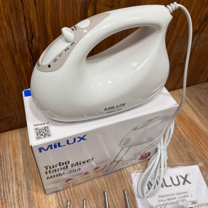 Milux MHM-250 Turbo Hand Mixer (200W) - 3-Speed Baking Mixer with Beaters & Dough Hooks
