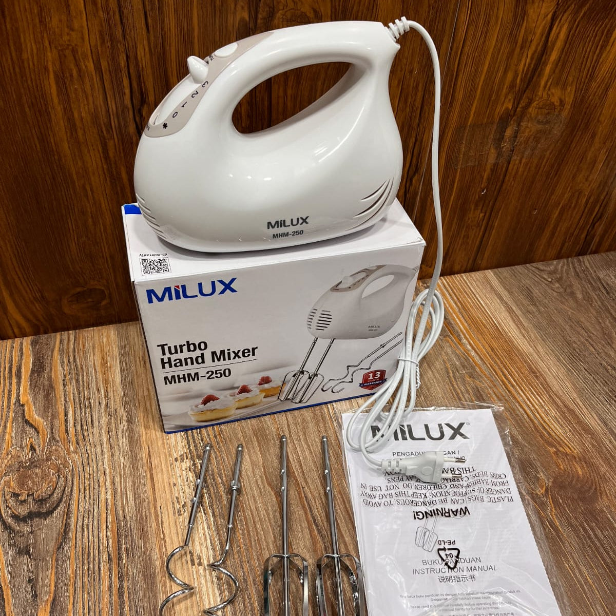Milux MHM-250 Turbo Hand Mixer (200W) - 3-Speed Baking Mixer with Beaters & Dough Hooks