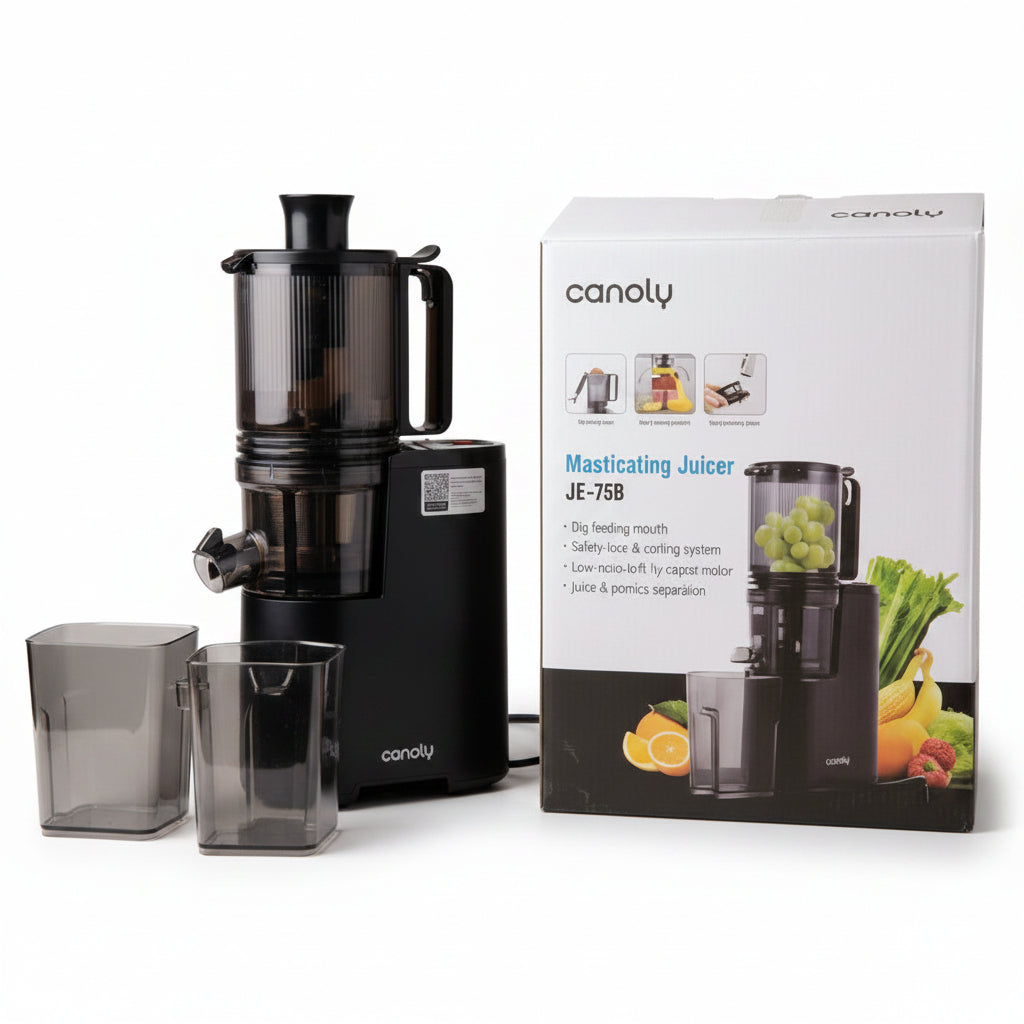 Canoly JE-75B Masticating Juicer – Big Feeding Mouth | Low-Noise Copper Motor | Juice & Pomace Separation