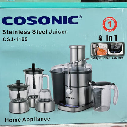 Cosonic 4-in-1 Stainless Steel Juicer CSJ-1199 – Safety Interlock & LED Light | Home Appliance