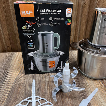 RAF 2-in-1 Food Processor & Meat Mincer – 1200W, 3.0L Stainless Steel Bowl, Six-Blade Spiral Blades