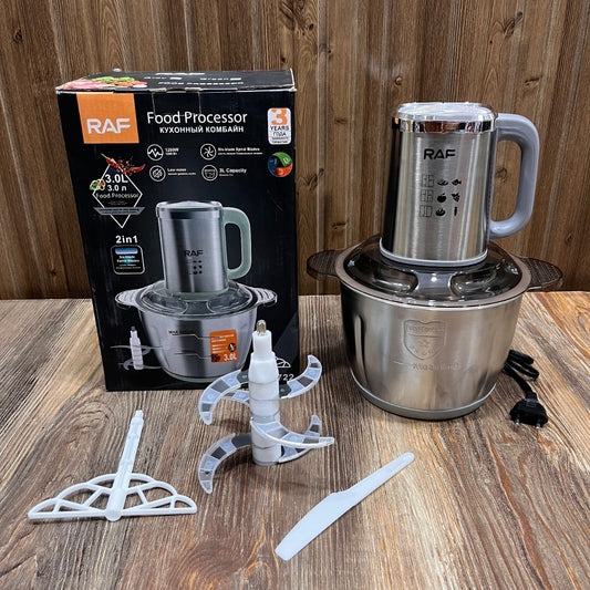 RAF 2-in-1 Food Processor & Meat Mincer – 1200W, 3.0L Stainless Steel Bowl, Six-Blade Spiral Blades