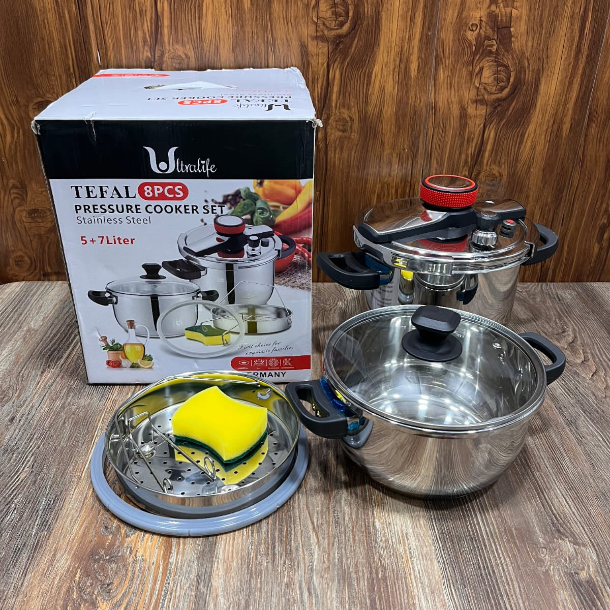 Tefal Ultralife 8-Piece Stainless Steel Pressure Cooker Set – 5L + 7L Imported