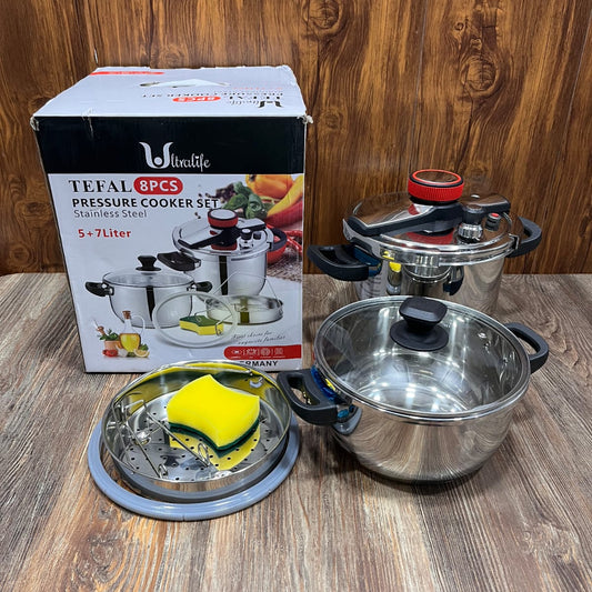Tefal Ultralife 8-Piece Stainless Steel Pressure Cooker Set – 5L + 7L Imported