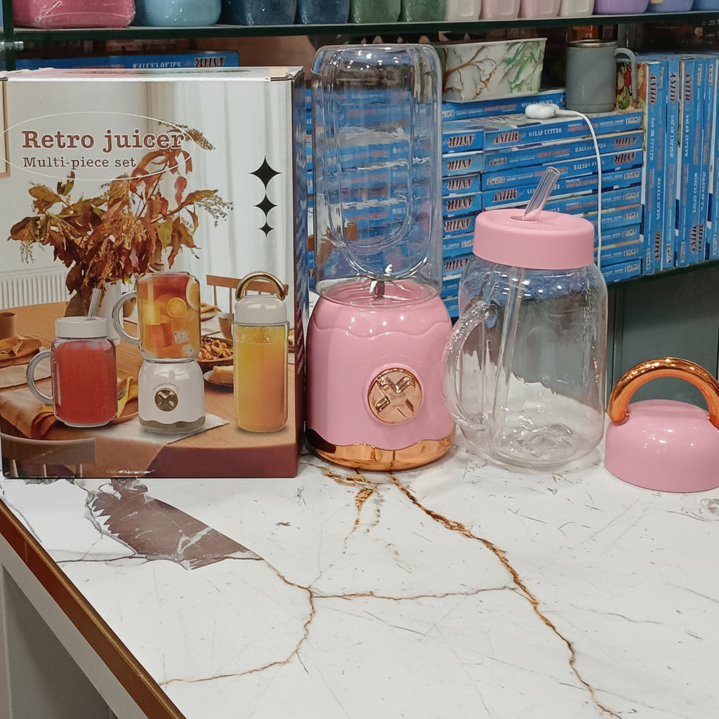 Retro Juicer Multi-Piece Set – Pink Mini Blender with 2 Mason Jar Cups