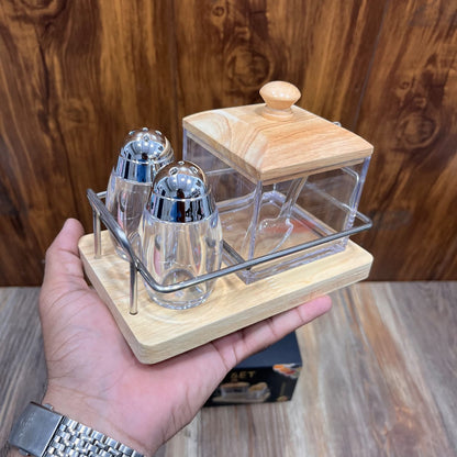 Wooden Base Cruet Set – Salt, Pepper & Condiment Jar with Stand