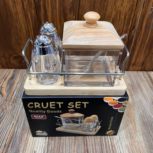 Wooden Base Cruet Set – Salt, Pepper & Condiment Jar with Stand