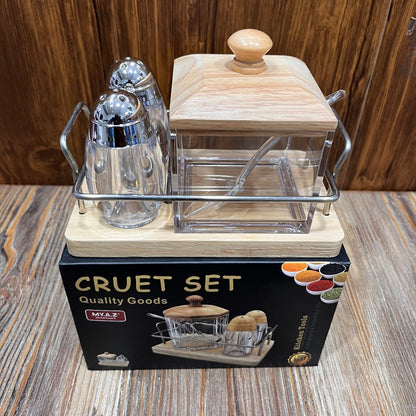 Wooden Base Cruet Set – Salt, Pepper & Condiment Jar with Stand