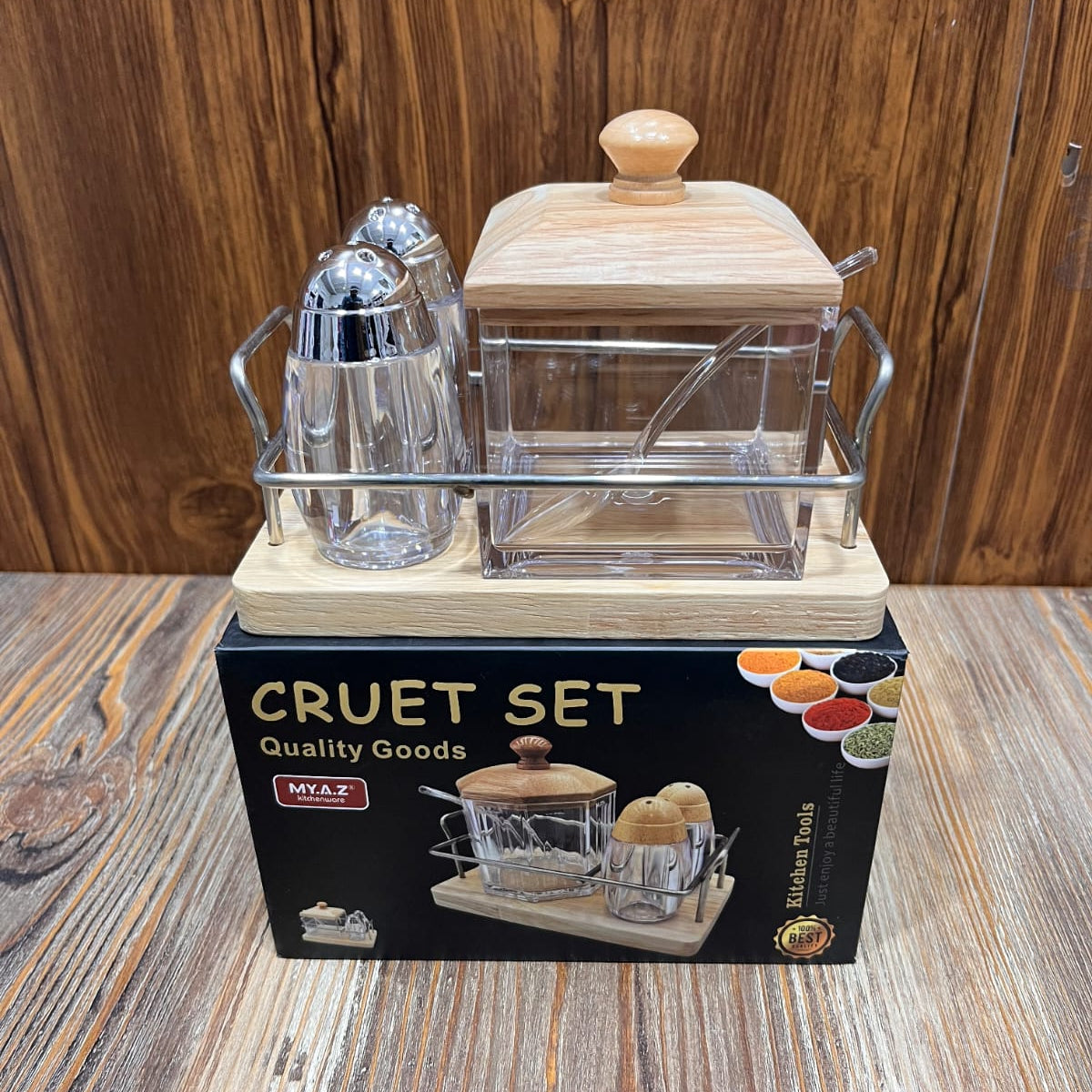 Wooden Base Cruet Set – Salt, Pepper & Condiment Jar with Stand